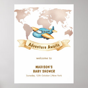 Póster Bienvenida al baby shower del niño con mapa del mu