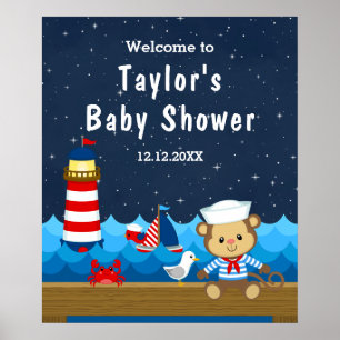 Póster Bienvenida al Baby Shower del Niño Marinero Rojo