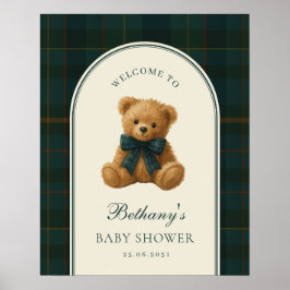 Póster Bienvenida al baby shower del osito de cuadros esc