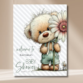 Póster Bienvenida al baby shower del oso de rayas grises 