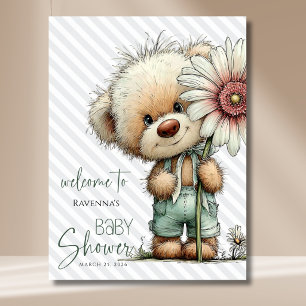 Póster Bienvenida al baby shower del oso de rayas grises