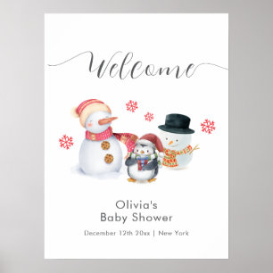 Póster Bienvenida al baby shower del pingüino de invierno