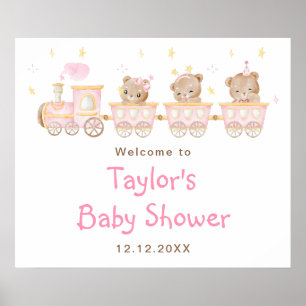 Póster Bienvenida al Baby Shower del Tren Rosa del Oso