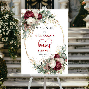 Póster Bienvenida al baby shower floral borgoña boho