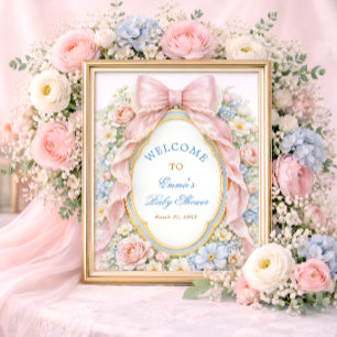 Póster Bienvenida al baby shower floral con lazo rosa Coq