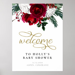 Póster Bienvenida al baby shower floral de invierno Burgu