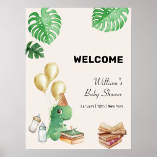 Póster Bienvenida al Baby Shower Globo Boho Dino Cuento