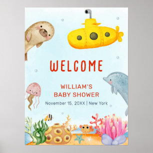 Póster Bienvenida al baby shower náutico submarino Bajo E