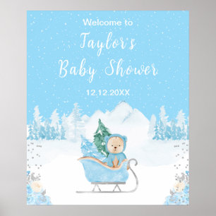 Póster Bienvenida al baby shower Oso Invernal Azul Trineo