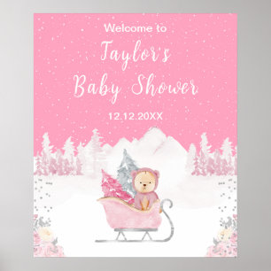 Póster Bienvenida al Baby Shower Oso Invernal Rosa Trineo