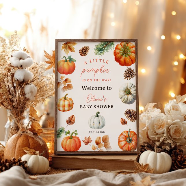 Póster Bienvenida al baby shower Otoñal de la pequeña y l (Fall Cute Little Pumpkin baby shower welcome Poster)