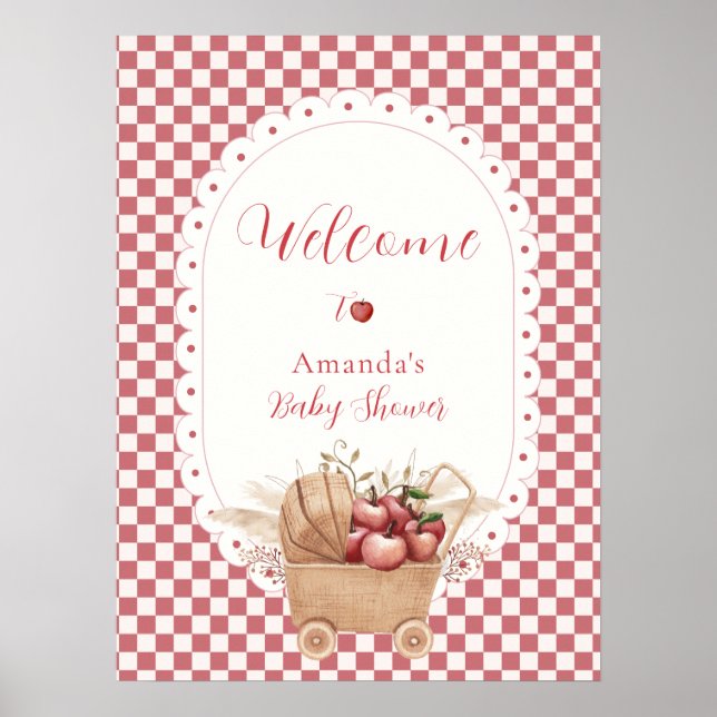 Póster Bienvenida al Baby Shower Rústico Rojo Gingham Boh (Frente)