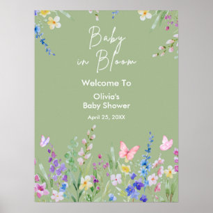 Póster Bienvenida al baby shower Sage Green Baby in Bloom