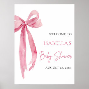 Póster Bienvenida al Baby Shower Watercolor Pink Bow Coqu