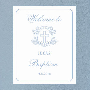 Póster Bienvenida al Baptismo Simple Floral Luz Azul