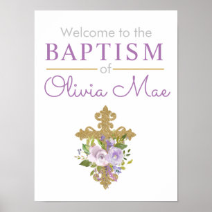 Póster Bienvenida al bautismo Chica Purple Peonies