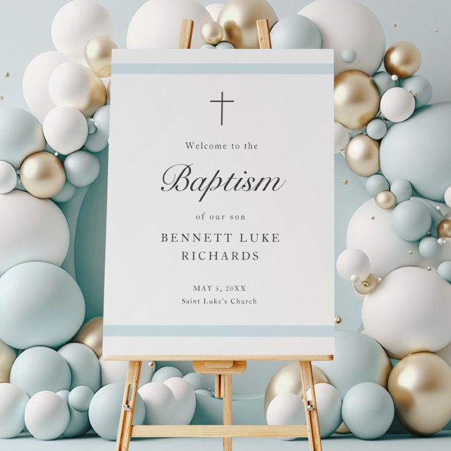 Póster Bienvenida al bautismo de los niños con elegancia  (An elegant boys baptism welcome sign poster. Also, available as a downloadable file.)