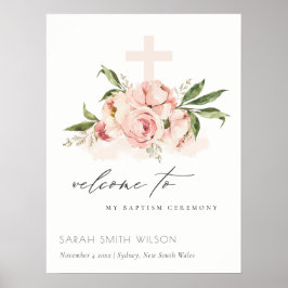 Póster Bienvenida al bautismo de Peach Peony Floral Cross