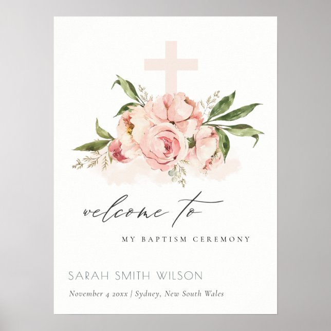 Póster Bienvenida al bautismo de Peach Peony Floral Cross (Frente)