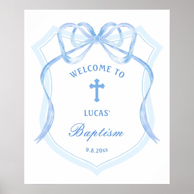 Póster Bienvenida al bautismo Escudo Blue Bow Light (Frente)
