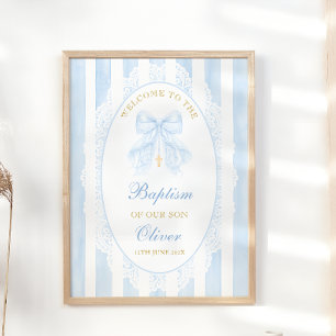 Póster Bienvenida al Bautizo del Niño con Lazo Azul Elega