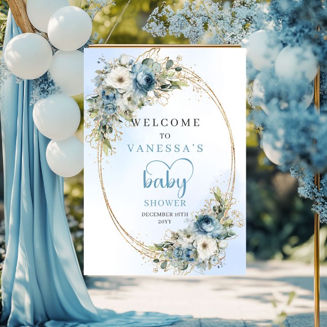 Póster Bienvenida al bebé con flores de azul polvoriento  (Watercolor Dusty Blue Floral Greenery Baby Welcome

)