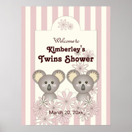 Póster Bienvenida al bebé pastel rosado Koala Chica gemel