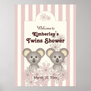 Póster Bienvenida al bebé pastel rosado Koala Chica gemel