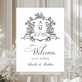 Póster Bienvenida al Boda blanco y negro Escudo floral cl