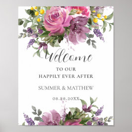 Póster Bienvenida al Boda Boho Magenta Pink Purple Floral