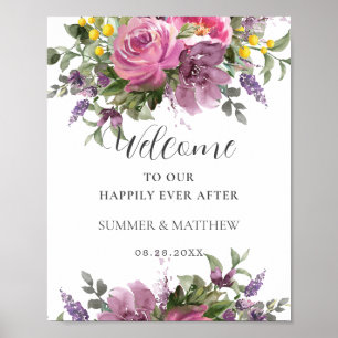 Póster Bienvenida al Boda Boho Magenta Pink Purple Floral