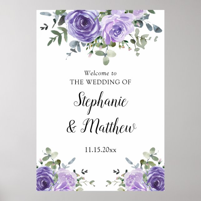 Póster Bienvenida al Boda Botánico Dusty Purple Eucalyptu (Frente)