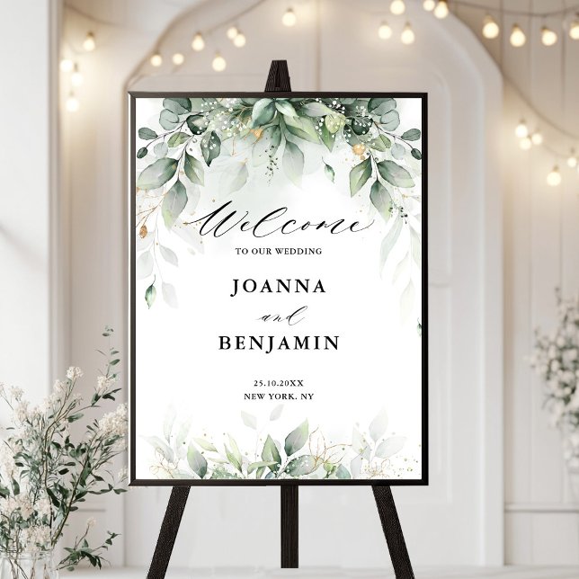Póster Bienvenida al Boda botánico Eucalyptus Greenery Gu (Eucalyptus Greenery Gum Botanical Wedding Welcome Poster)