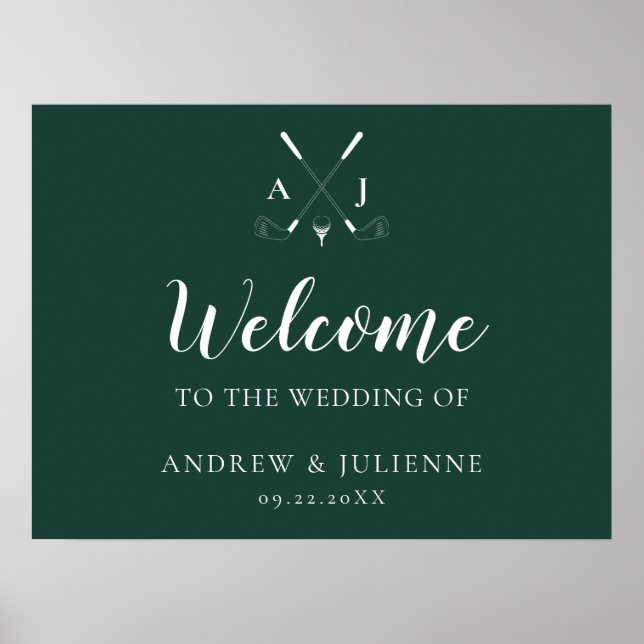 Póster Bienvenida al Boda de golf del Monograma Verde Esm (Frente)