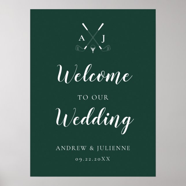 Póster Bienvenida al Boda de golf del Monograma Verde Esm (Frente)