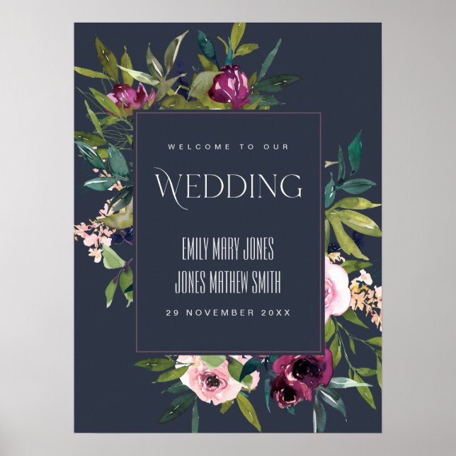 PÓSTER BIENVENIDA AL BODA DE NAVY RUBOR BURGUNDY FLORAL B (Frente)