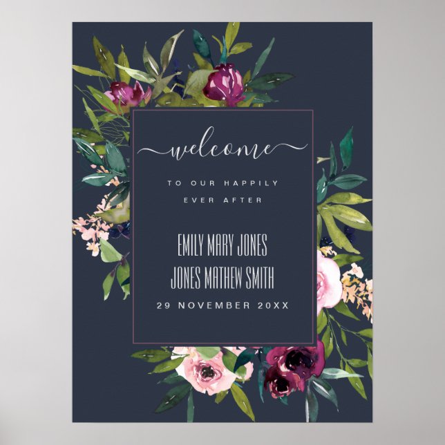 PÓSTER BIENVENIDA AL BODA DE NAVY RUBOR BURGUNDY FLORAL B (Frente)