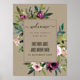 PÓSTER BIENVENIDA AL BODA DEL BUNCH FLORAL BURGUNDY DE KR