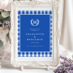 Póster Bienvenida al Boda del Monograma de Gingham Azul