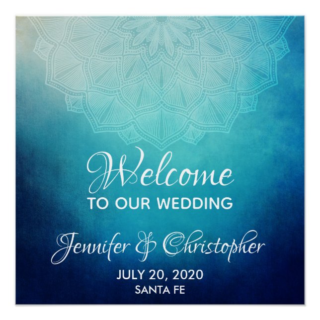 Póster Bienvenida al Boda del resumen de Mandala azul bon (Anverso)