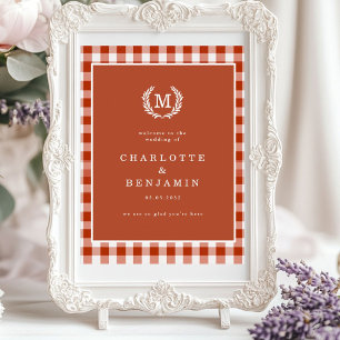 Póster Bienvenida al Boda Escudo Brown Gingham Monogram