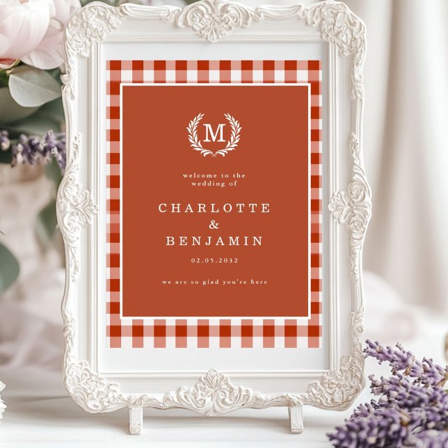 Póster Bienvenida al Boda Escudo Brown Gingham Monogram (Brown Gingham Monogram Crest Wedding Welcome Poster)