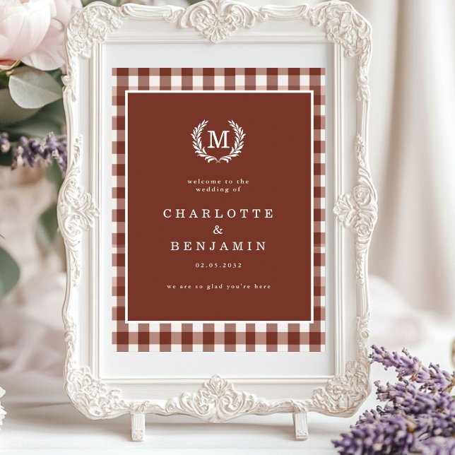 Póster Bienvenida al Boda Escudo Brown Gingham Monogram (Brown Gingham Monogram Crest Wedding Welcome Poster)