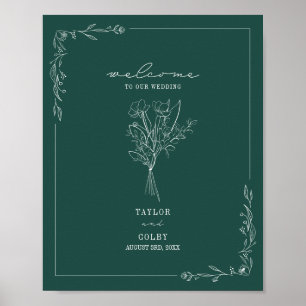 Póster Bienvenida al Boda Esmeralda de Bouquet Line Art