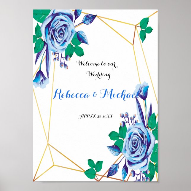 Póster Bienvenida al Boda floral azul Geométrico Gold Fra (Frente)