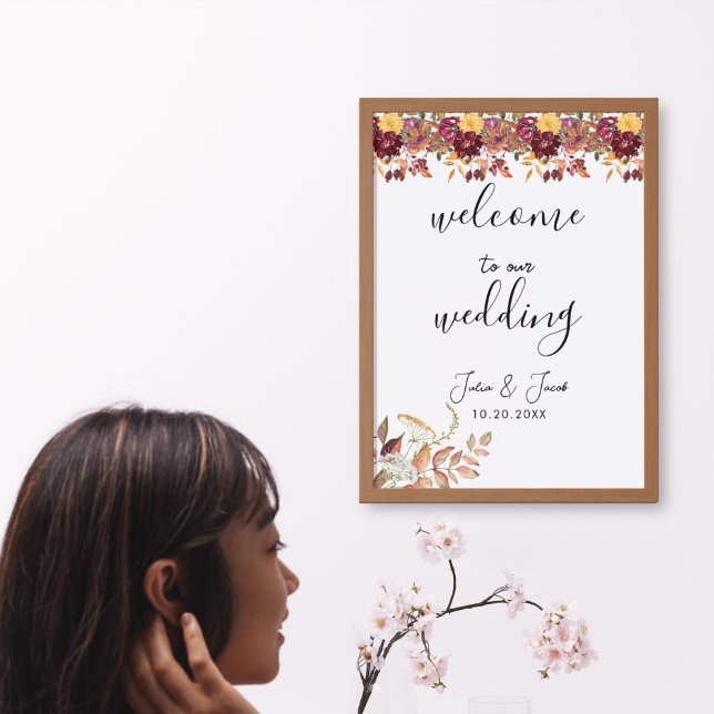 Póster Bienvenida al Boda Floral de acuarela de otoño (Elegant Autumn Watercolor Floral Wedding Party Supplies)