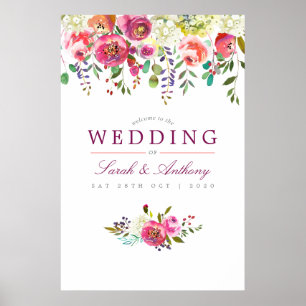 Póster Bienvenida al Boda floral de color de agua de plum