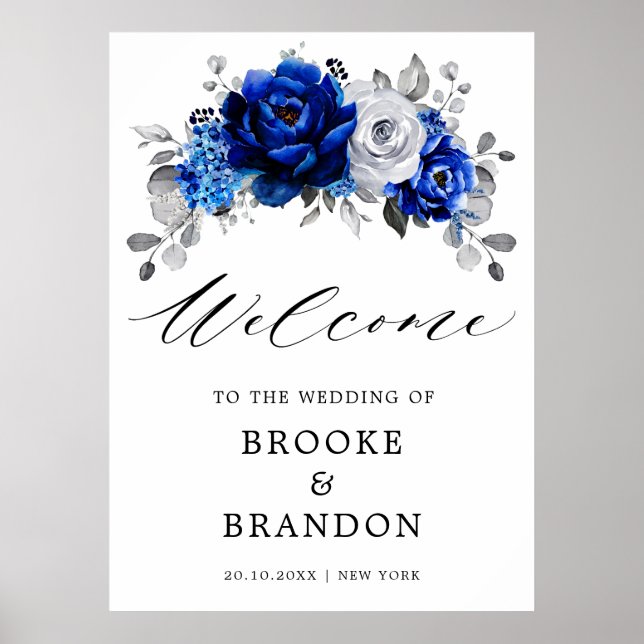 Póster Bienvenida al Boda floral Royal Blue White Silver (Frente)