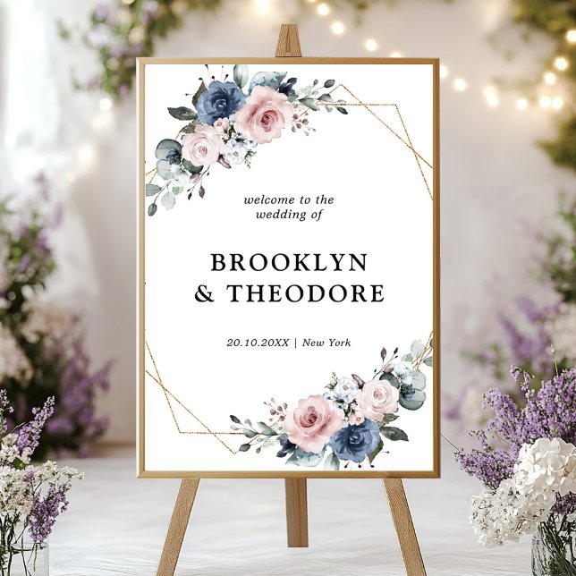 Póster Bienvenida al Boda Geométrico Dusty Blue Mauve (Dusty Blue Mauve Geometric Wedding Welcome Poster)