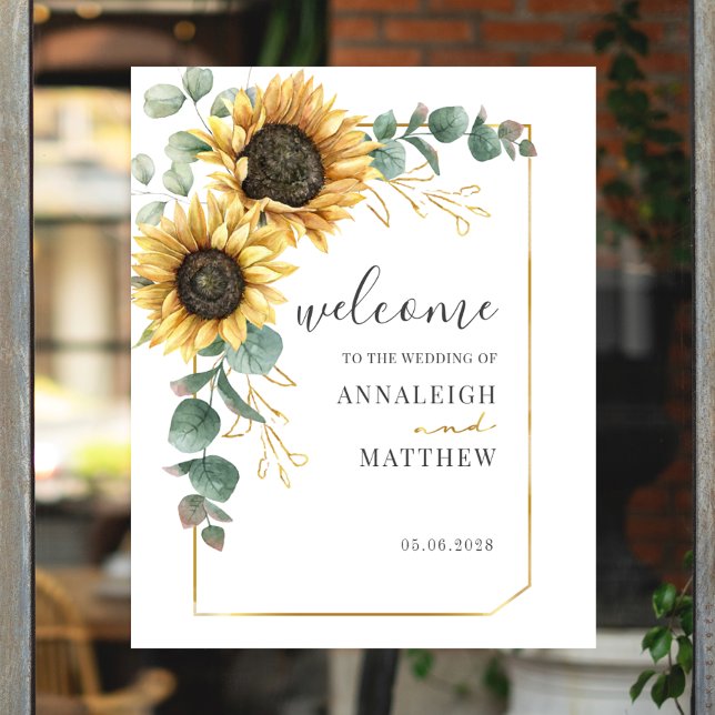 Póster Bienvenida al Boda Geométrico Eucalyptus de Giraso (Sunflower Eucalyptus Floral Welcome Wedding Poster)